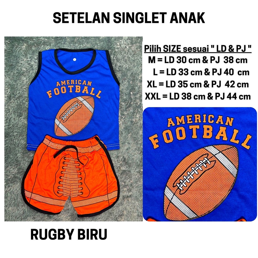Setelan Anak Laki Laki Baju Kutung Stelan Lekbong Cowok Bola Basket Kaos Singlet Cowo Murah Harian Celana Pendek 3 4 5 6 Tahun Kode 101-101 RUGBY BIRU