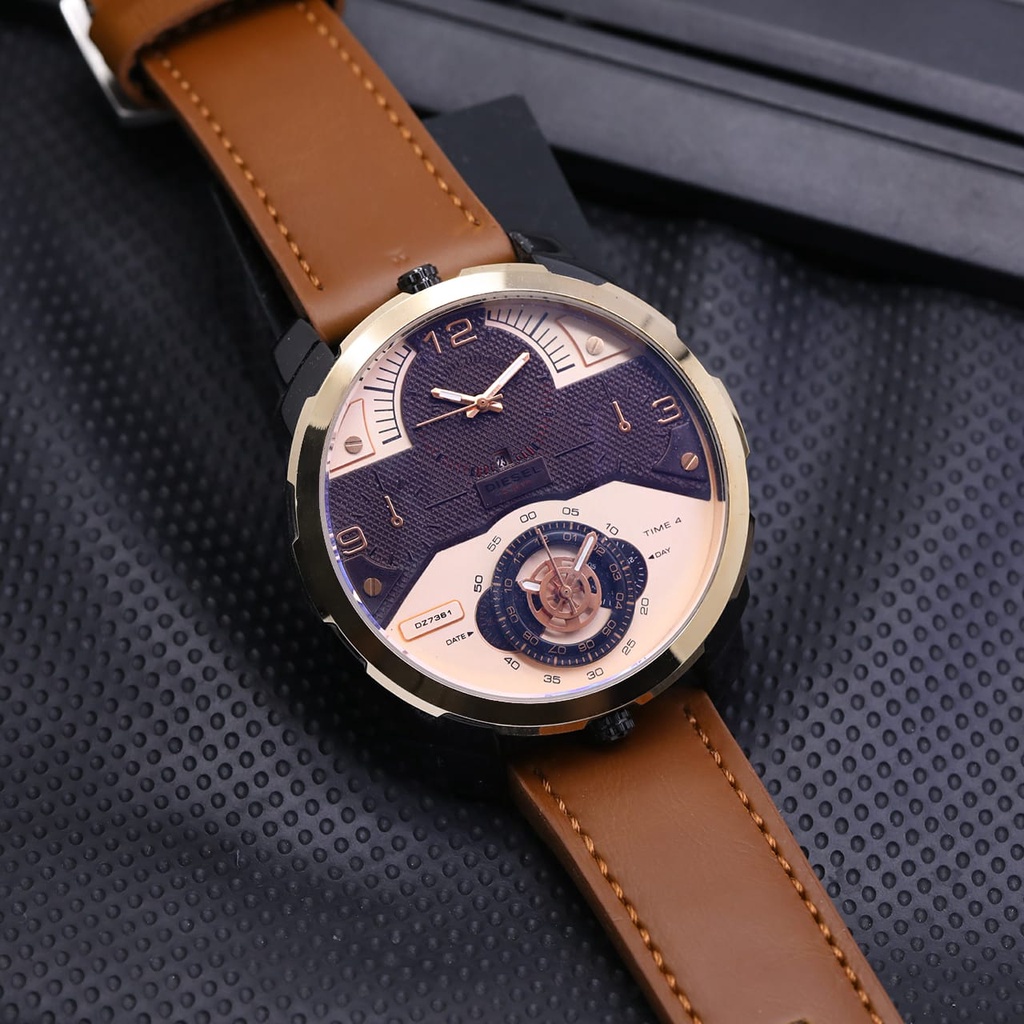 Jam Tangan Pria Diesel 55100TL Tali Kulit Tanggal AKtif Doble Time Free Box & Baterai
