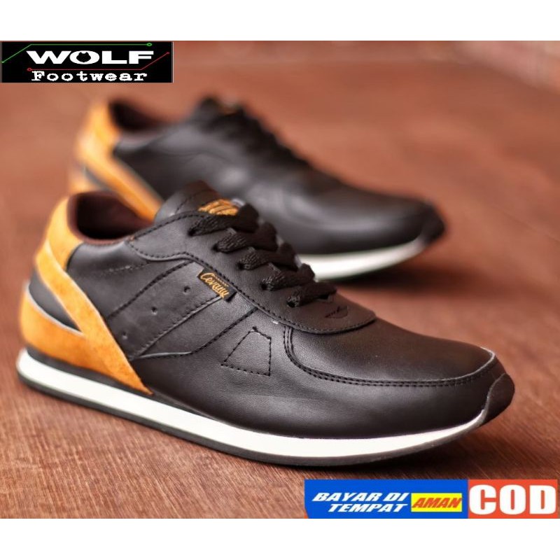 WOLF x CEVANY - 100% KULIT ASLI SNEAKERS PRIA KASUAL SPORTY CEVANY JELLAL HITAM