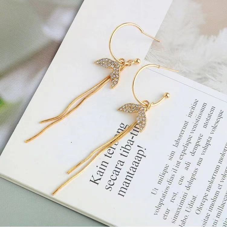 Fishtail rumbai panjang anting sterling anting-anting perak needle berkelas dan Wajah slim-mencari a