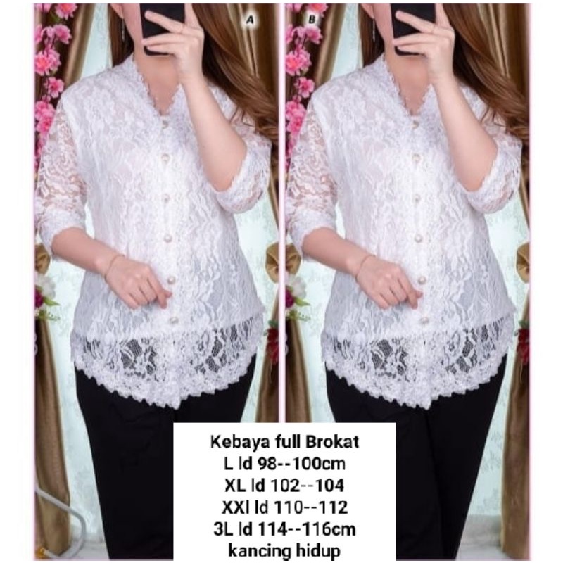 Kebaya brokat tangan 3/4 kancing hidup hitam putih lapis furing