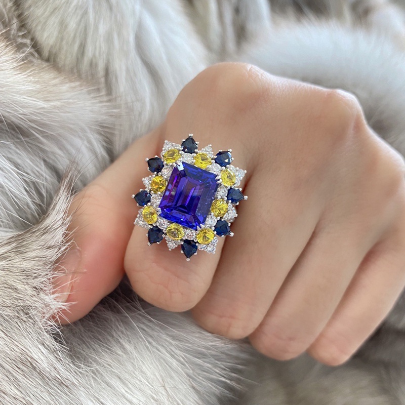 Cincin Bentuk Persegi Geometri Aksen Cubic Zirconia Warna Biru Gaya Eropa Amerika Untuk Wanita
