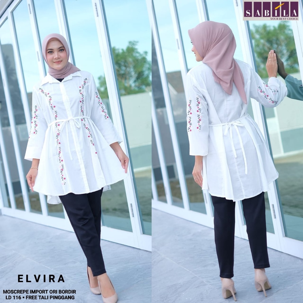 Fashion Wanita Muslim Elvira Tunik Putih Bordir Bunga LD 116 Ori Sabila Bahan Moscrepe Import