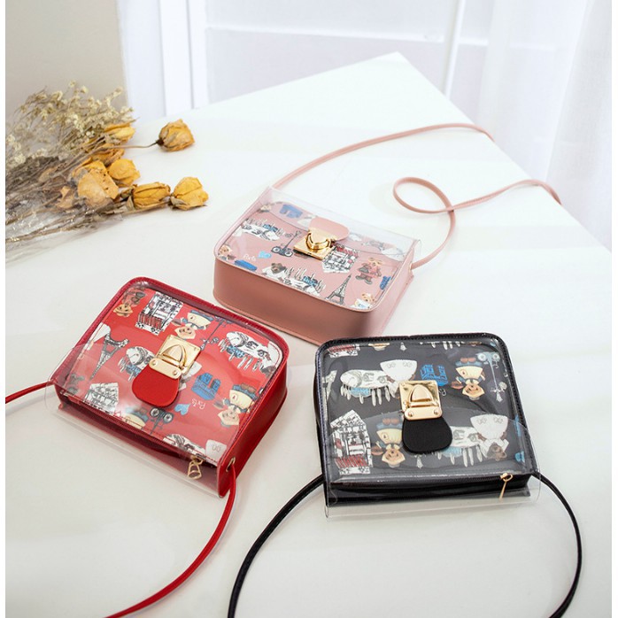 DEJI - Tas Selempang Transparan Motif London / Tas Wanita / Tas Fashion / Tas Import Batam