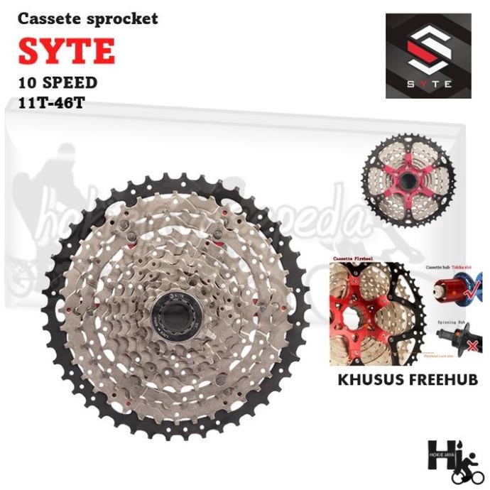 Syte Cassete Sprocket 10 Speed 11-46T Untuk Free Hub /Bukan Ulir(Drat) Diskon R10