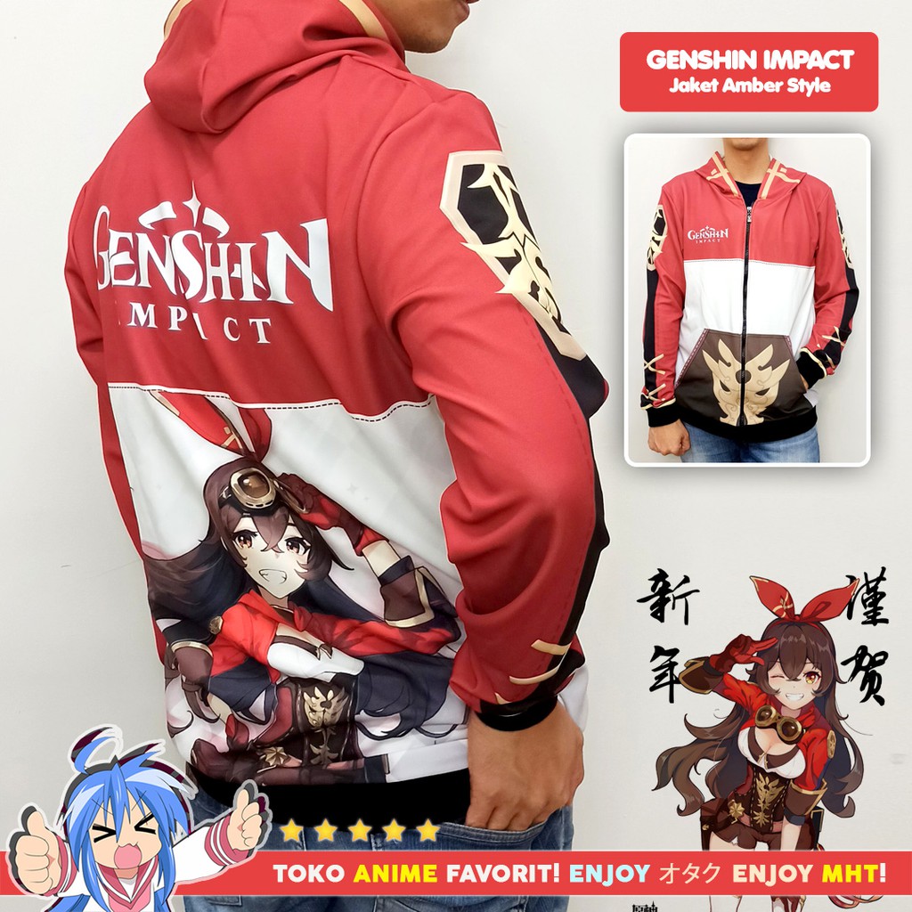 Jaket Hoodie Anime Game Full Print Genshin Impact Amber Style