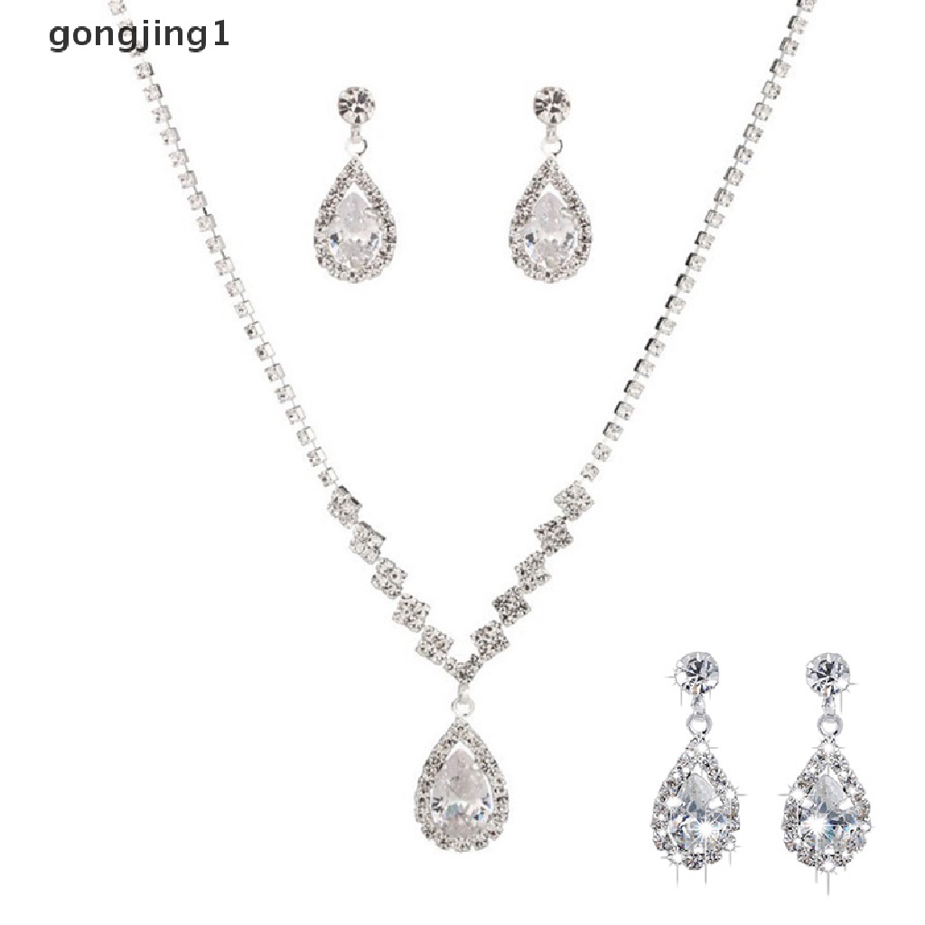 Set Perhiasan Kalung Anting Liontin Kristal Bentuk Tetesan Air Warna Silver Gaya Vintage Untuk Pernikahan