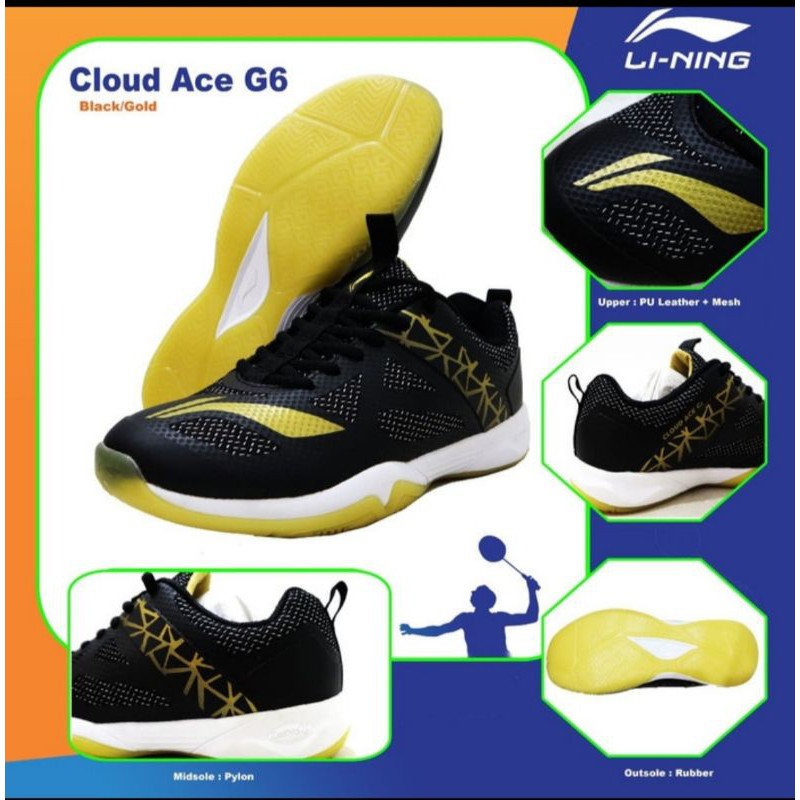 LINING CLOUD ACE G6 BLACK GOLD SEPATU BADMINTON ORIGINAL