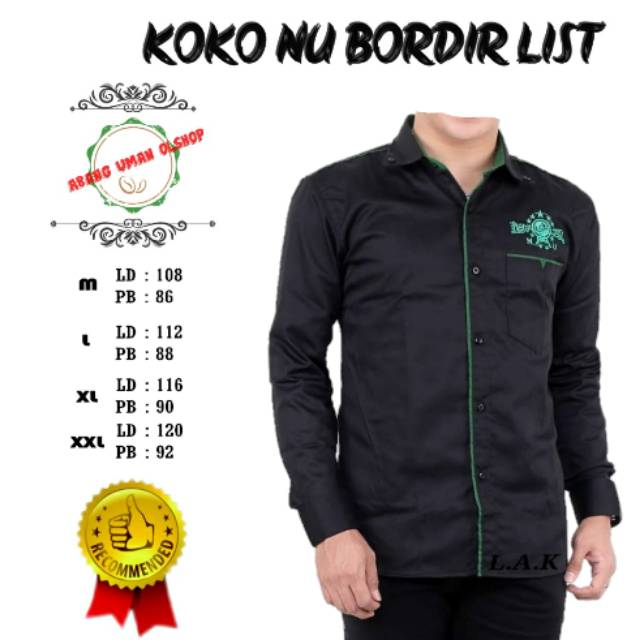PROMO KEMEJA KOKO NU BORDIR HITAM LIS HIJAU TERBARU / BAJU KOKO / SERAGAM HADROH / ALHARAMAIN
