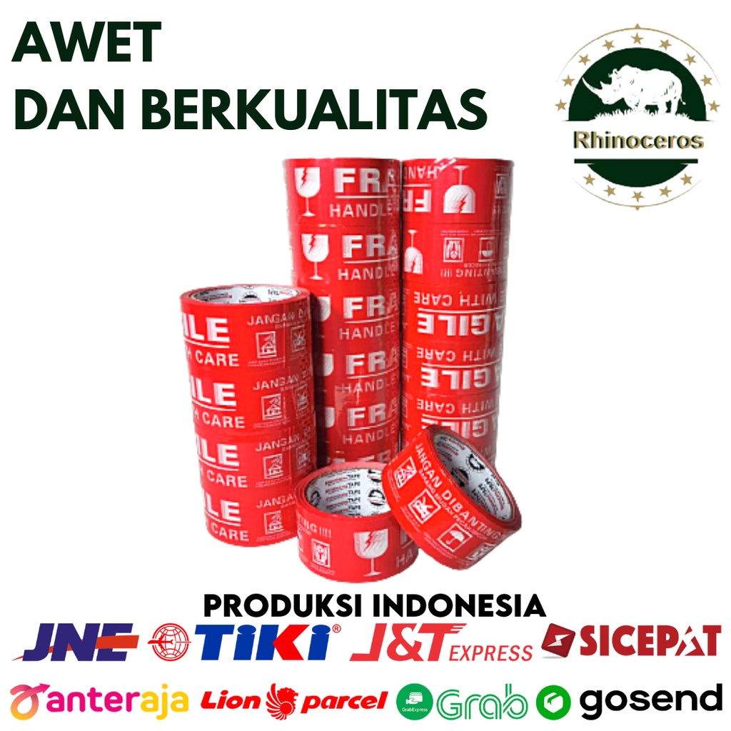 Lakban Fragile Merah RHINOCEROS Tape Selotip Isolasi 48MMx90YARD 2inci