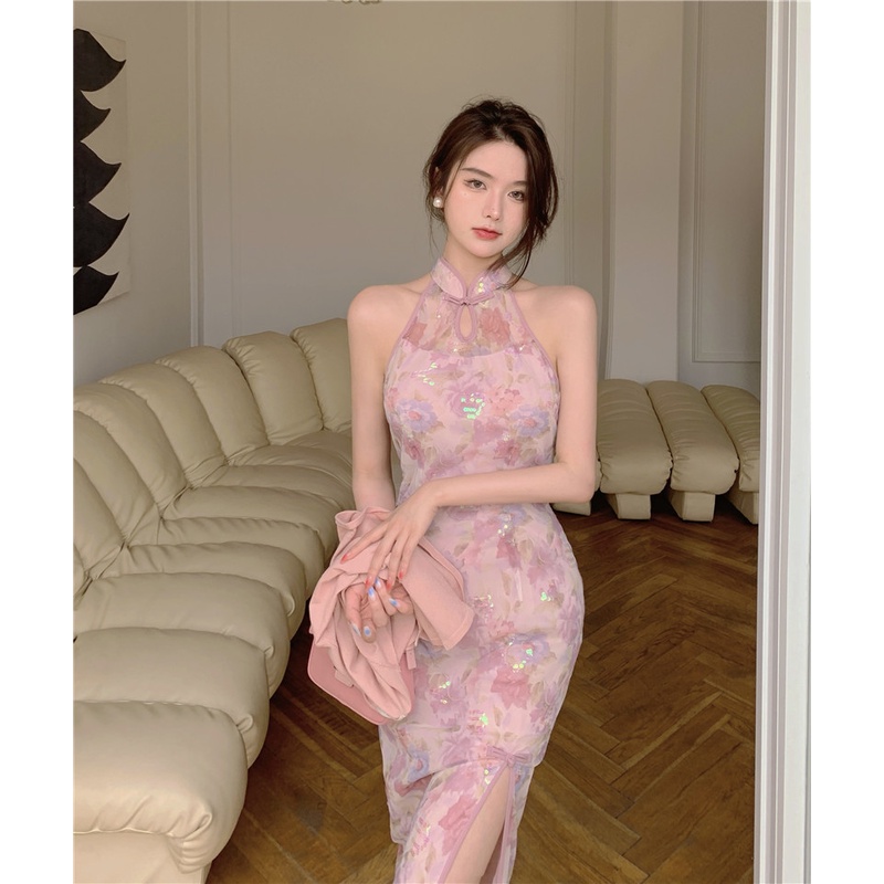 gaun midi korea seksi mesh gaun cheongsam celah kecil gaun midi