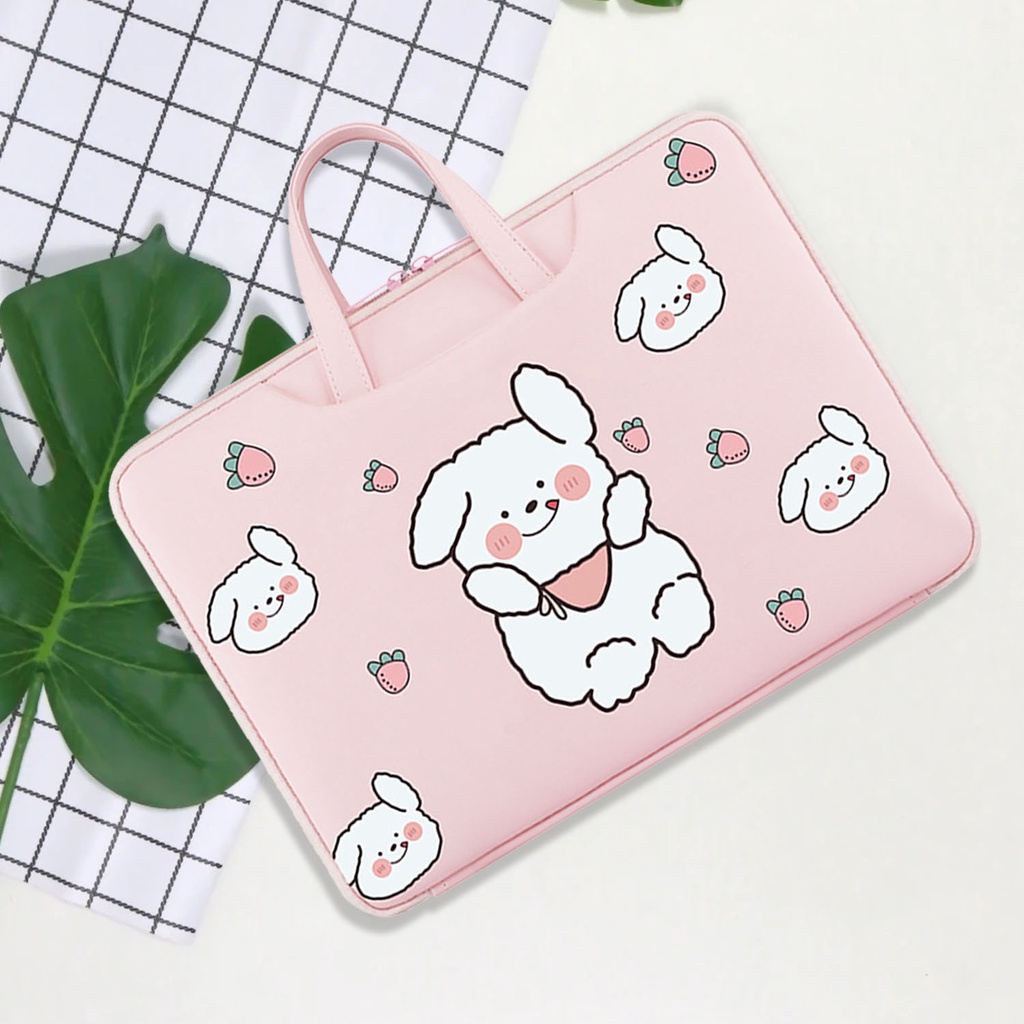 Sleeve Pouch Sarung Tas Bag Case Ipad Tab Tablet Macbook Air Pro Laptop Asus Acer Lenovo HP Huawei 11 12 13 14 15 inch Motif Gambar Kartun Cartoon Rabbit Bunny Kelinci Warna Pink Soft Cute Murah Korean Model Jinjing Tali Strap Waterproof Tahan Air