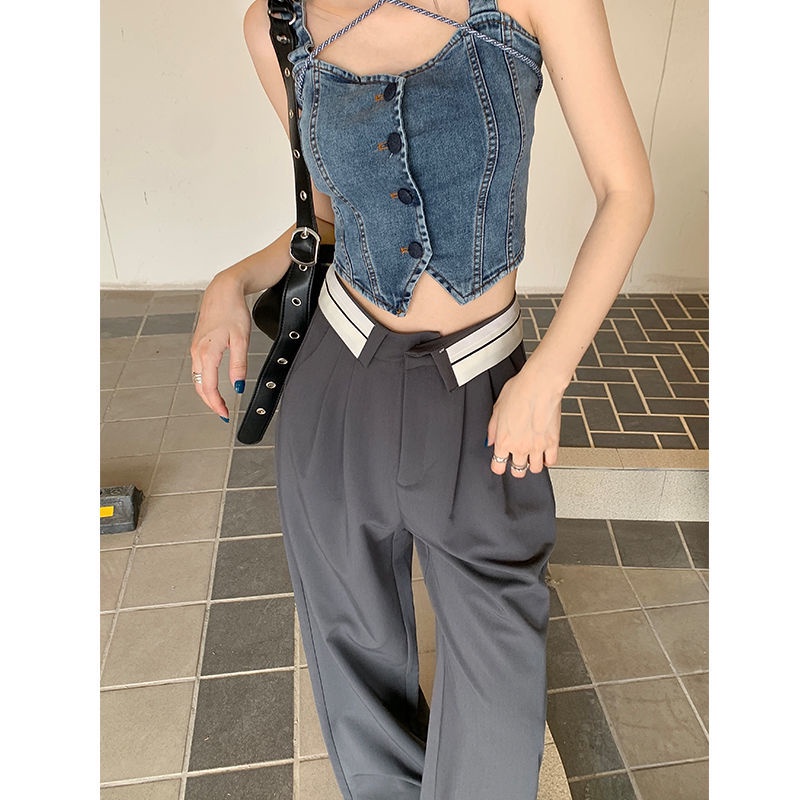 BAOHUAN ~ Korea Hong Kong Abu-abu flanging sesuai dengan lebar kaki celana wanita musim panas pinggang tinggi ruangan mengepel celana kasual celana