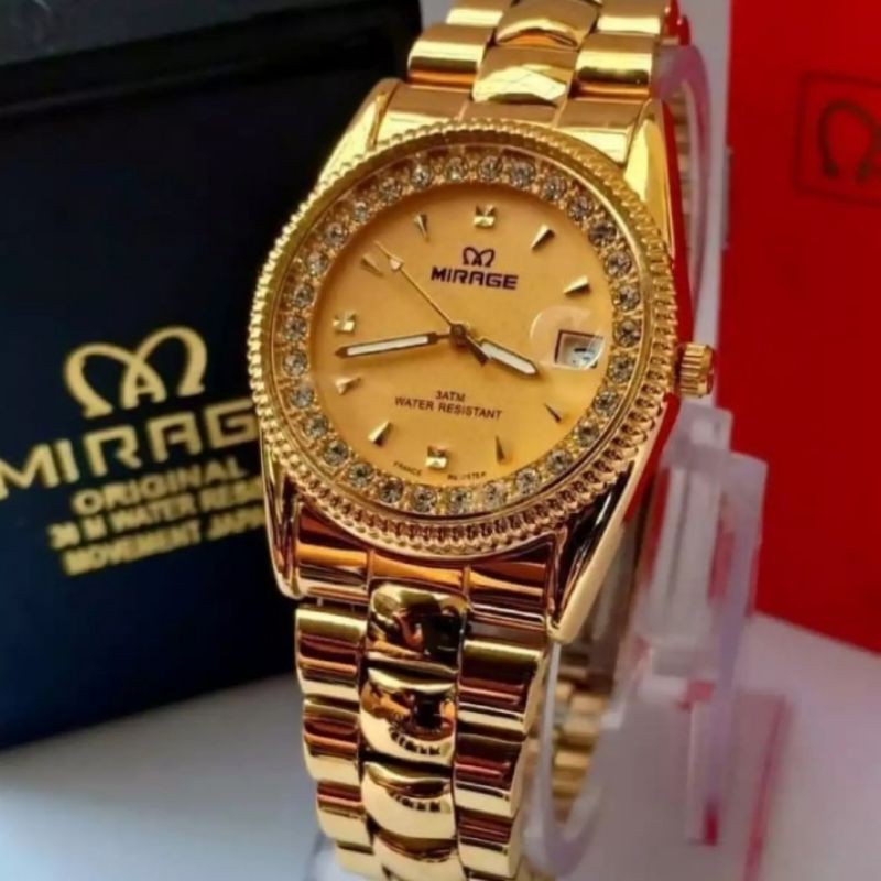 jam tangan pria/wanita;MIRAGE M1579 gold permata~ORIGINAL WATER RESISTANT~TGL~STAINLEES