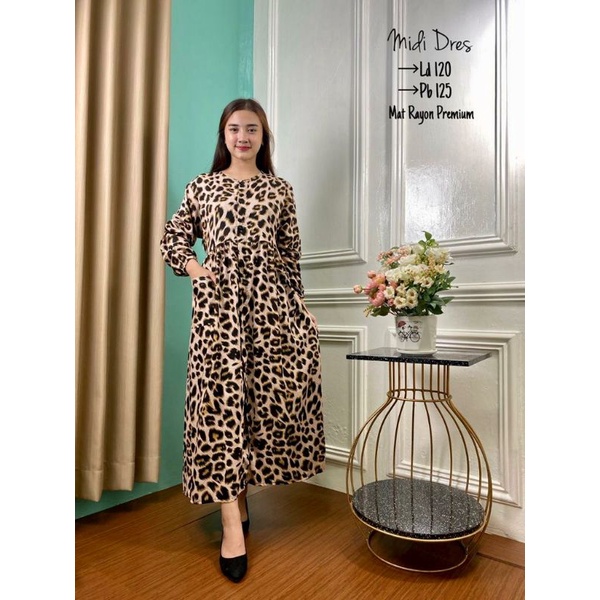 midi dress rayon premium terbaru 2022 /dres wanita motif macan kekinian / viral tiktok /gamis rayon 
