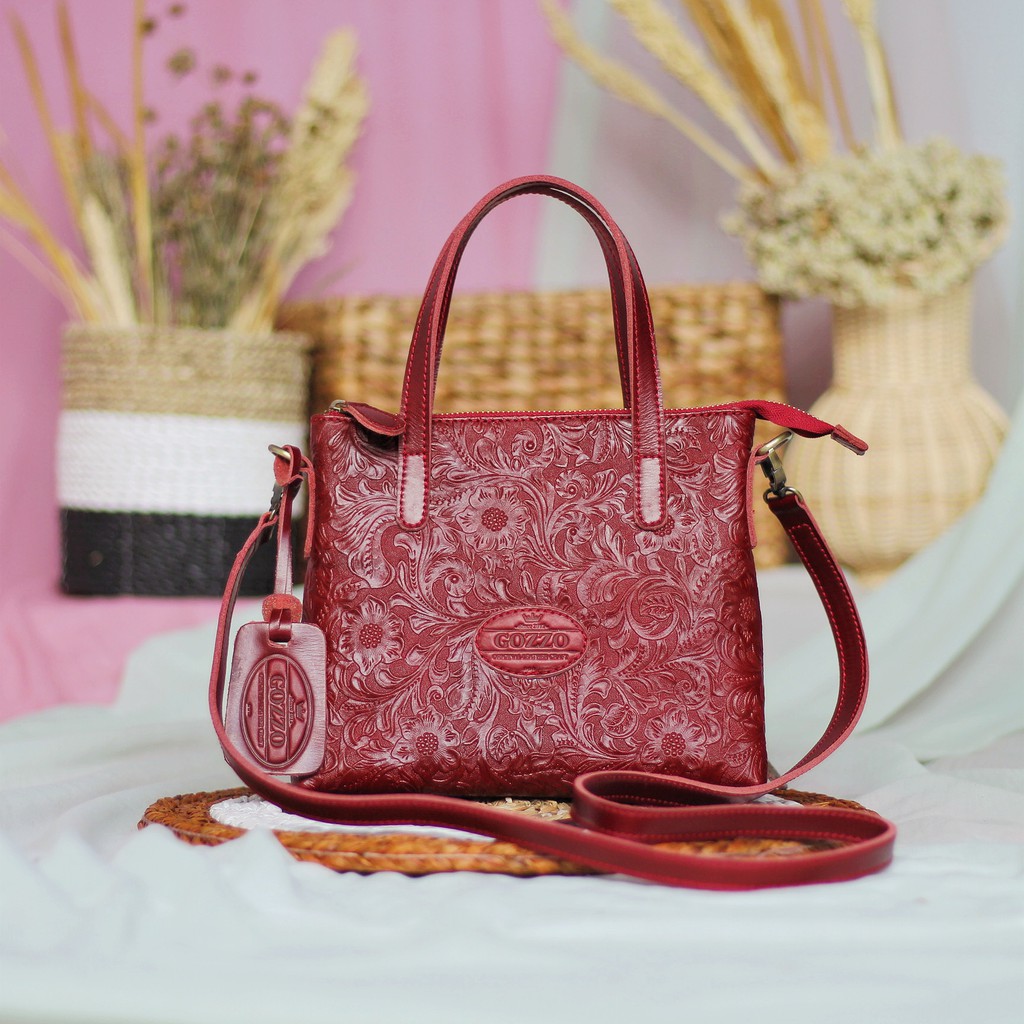 NEW! TAS KULIT ASLI SLEMPANG MODEL MINI RACHEL KULIT SAPI MOTIF BATIK MERAH MAROON/ FREE GRAVIR NAMA