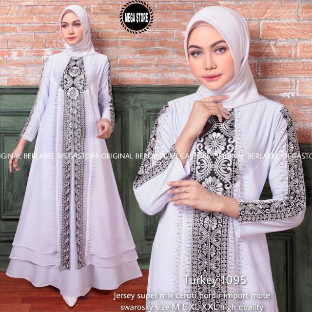 GAMIS ABAYA PUTIH JERSEY MIX CERUTY || BORDIR WITH SWAROVSKY || TURKEY 1095 || SOLO SURAKARTA