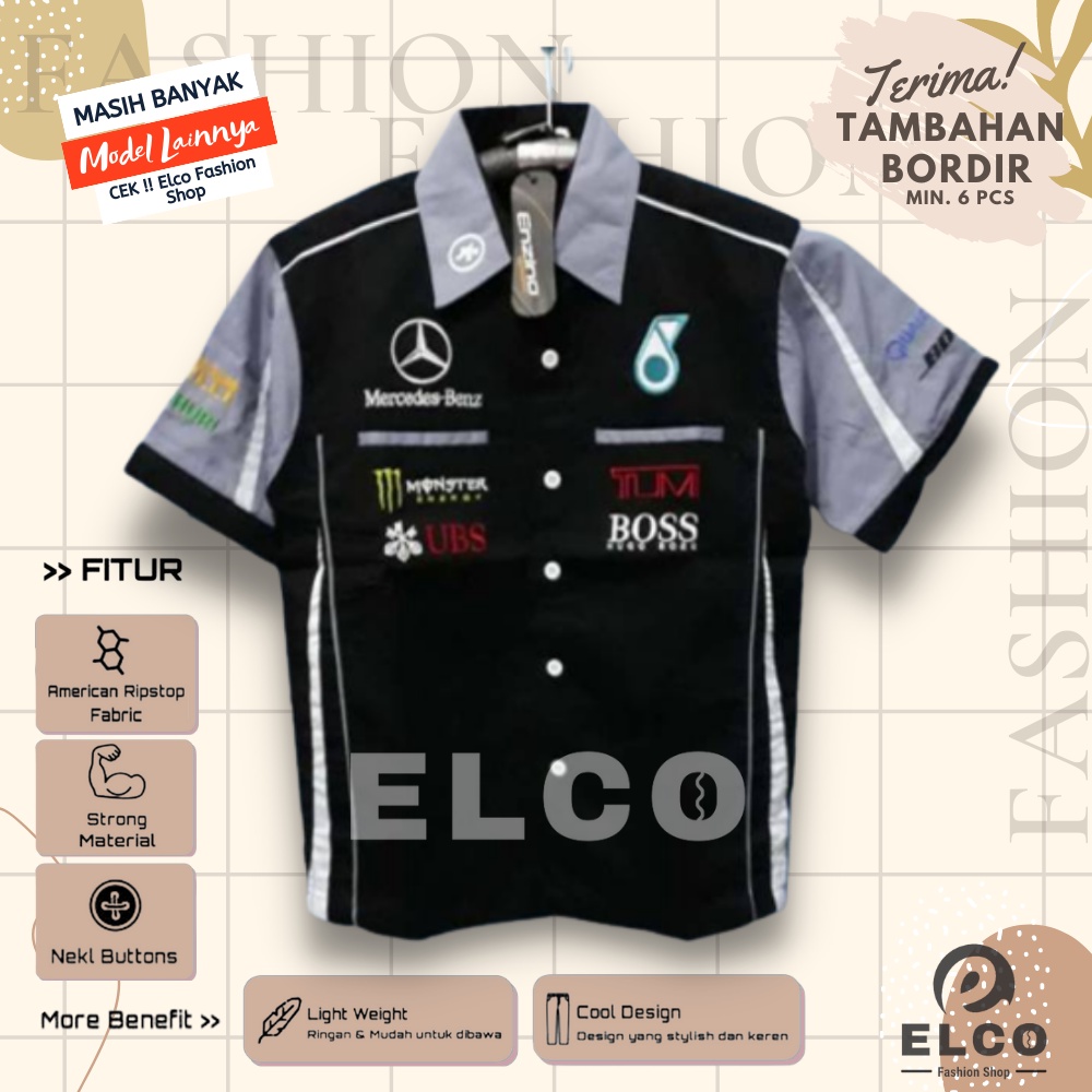 Seragam kemeja baju sport mercedes hitam abu abu baju pdh kemeja outdor otomotif kombinsi seragam be
