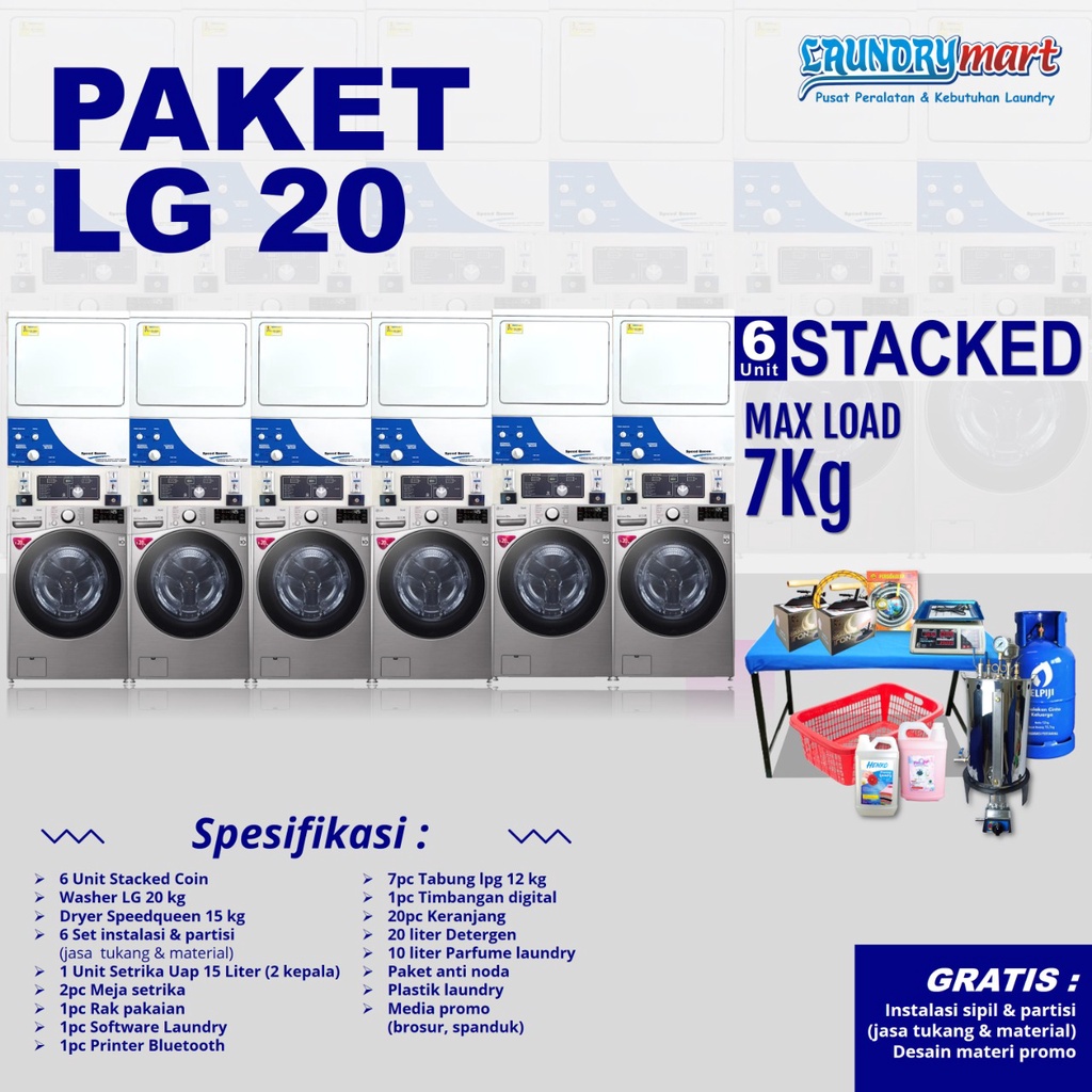 PAKET LAUNDRY COIN 6 STACKED WASHER LG 20KG - DRYER SPEEDQUEEN 15KG