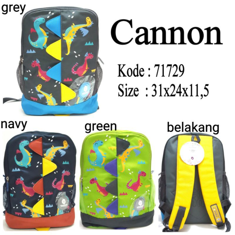 TAS RANSEL SEKOLAH ANAK LUCU CANNON DINO 71729 ABU NAVY HIJAU Dinosaurus Tyrex