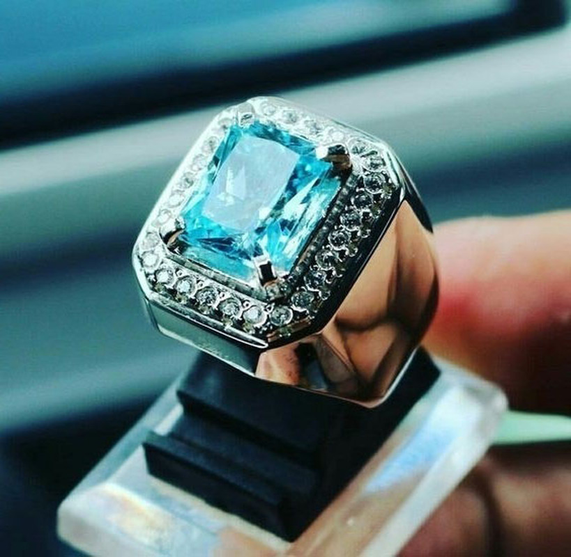 Cincin Berlian Aquamarine Platinum Pria Fashion Perhiasan Kawin Kristal Baja Titanium Perak Rings