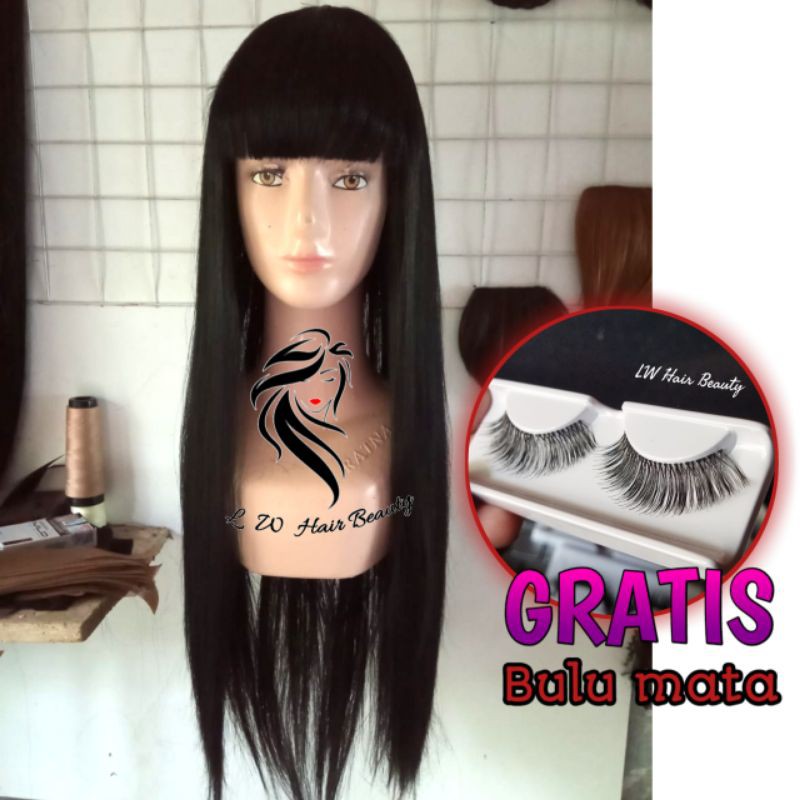 Wig Wanita Panjang Lurus Hitam Poni