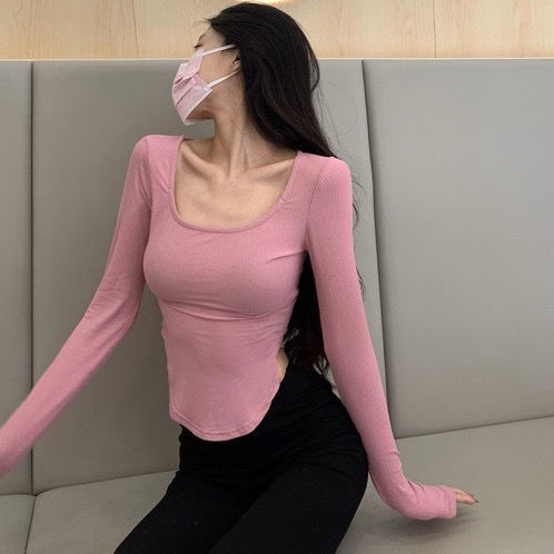 #Sisjuly# Ballerina Swan Neck Tebal Hangat Rajutan Bottoming Kemeja T-shirt Ketat Pendek Leher Persegi Pinggan