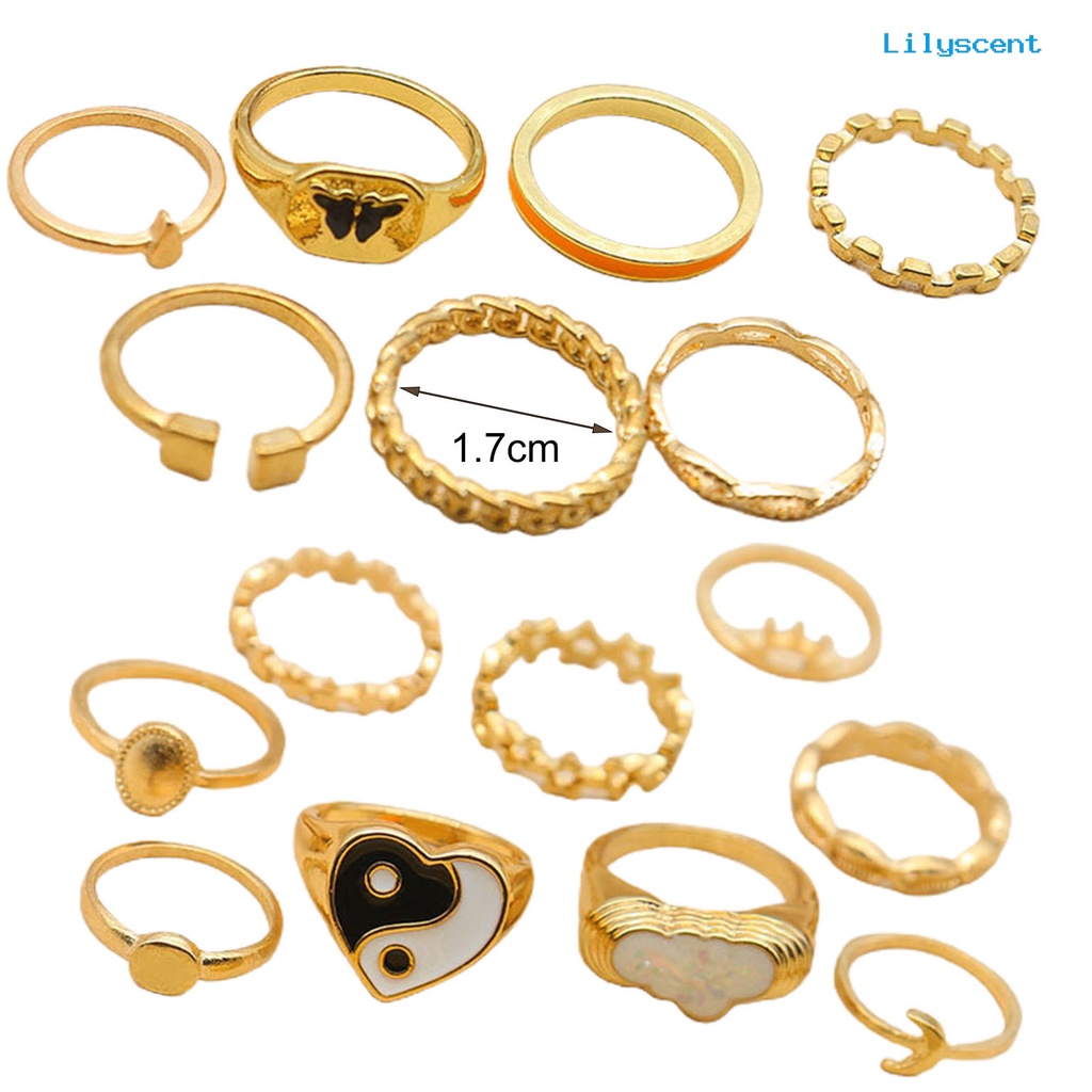 16pcs Cincin Knuckle Bentuk Yin Yang Multi Bentuk Stackable Untuk Wanita