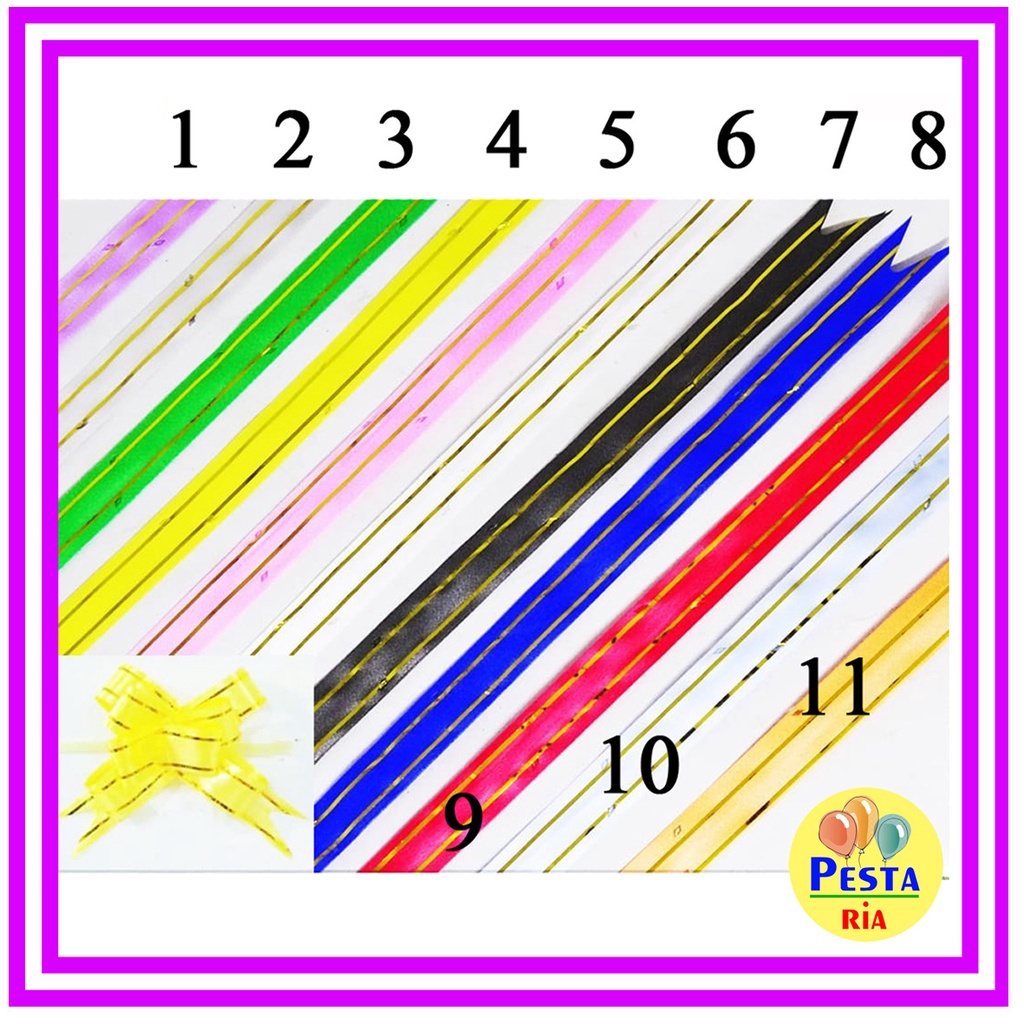 

Murah!! (10Pcs) Pita tarik list emas 15mm, pita serut souvenir, pita kado list emas, pita tarik emas