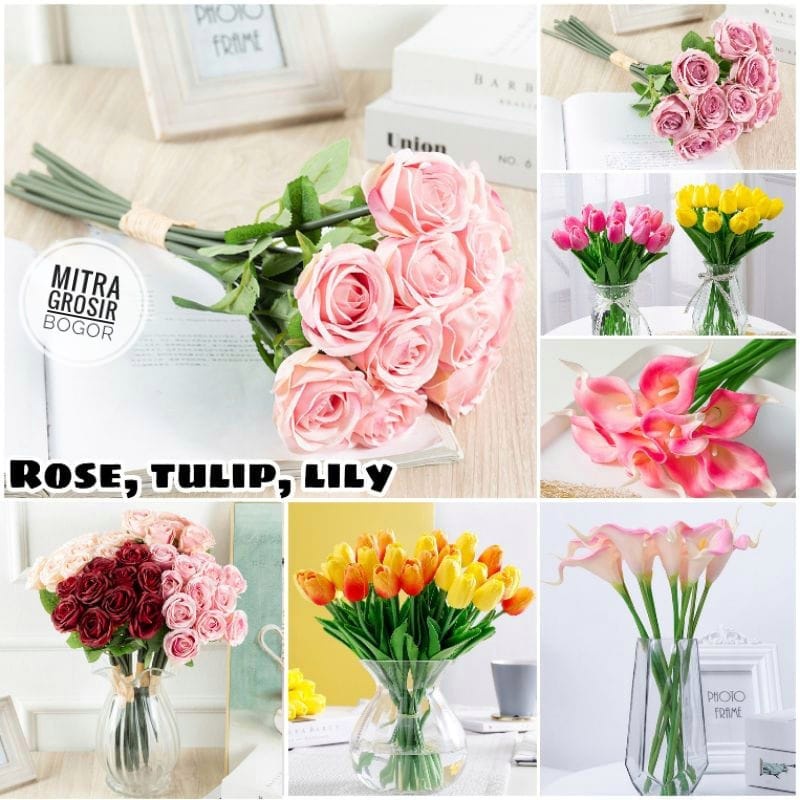 Bunga Tulip Latex / Artificial Tulip Lily Mawar Bunga Tulip Terompet Lili Hiasan Palsu Plastik Dekorasi Rumah Kamar Pesta PER 1 TANGKAI