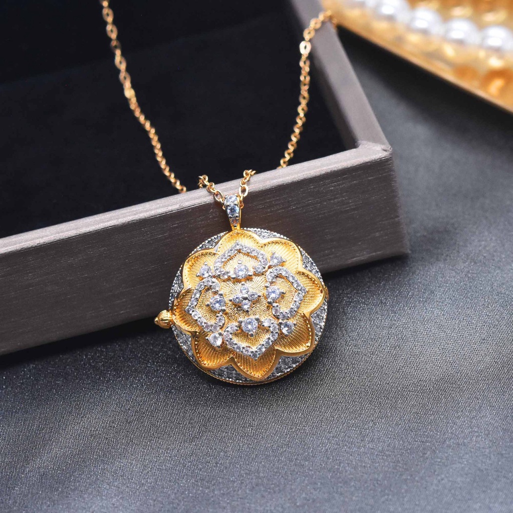 Goldkingdom Perhiasan Fashion Emas Asli Kadar 375 Bangkok Aksesoris Ready Stock Vintage Disc Bertatahkan Kalung Gilt Silver Zircon Rose Liontin Untuk Wanita