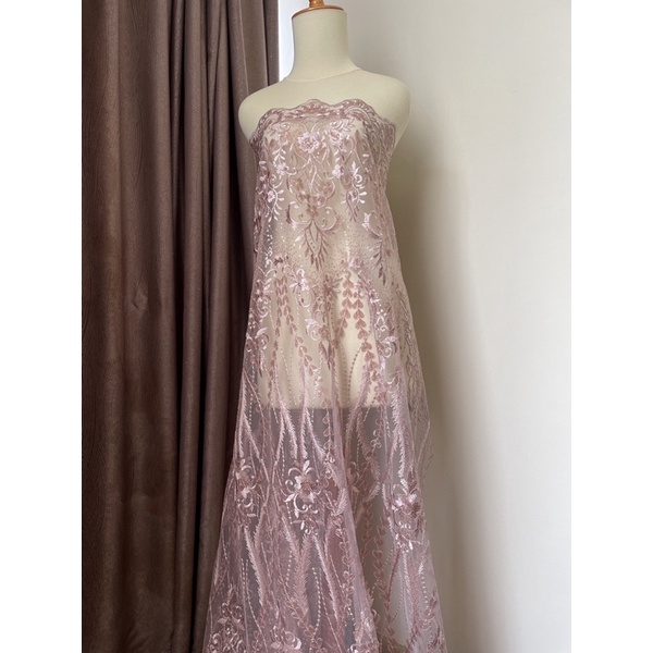 Bahan Kebaya Kain Brukat Tile Bordir Premium Mewah Gloria Full Payet Warna Pink Rosegold