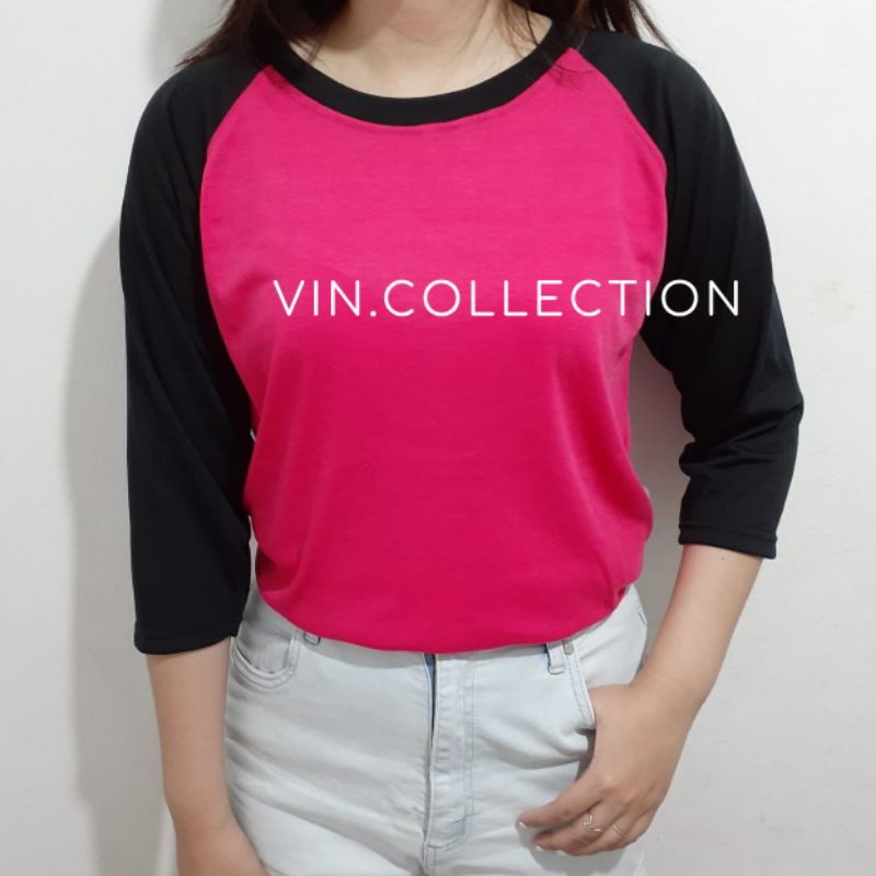 Kaos raglan 3/4 pria wanita - pink fanta kombinasi hitam
