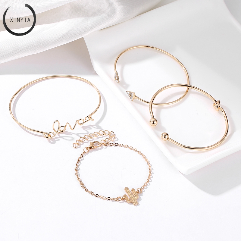 4Pcs/Set Gelang Women Gilr Gold Triangle Knot Love Cactus Opening Bangle Chain Bracelet