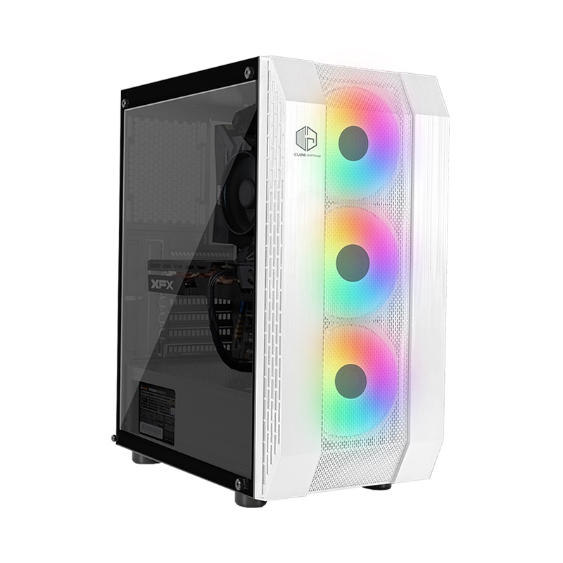 Case PC Gaming Cube Gaming Frins White Free 3 Fan RGB ATX Gaming Case Mesh Front Panel Tempered Glas