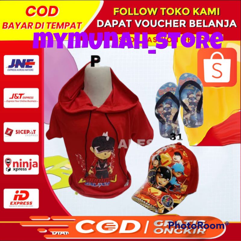 baju anak usia 2-10 tahun, topi dan sendal karakter Free fire boboiboy 3in1