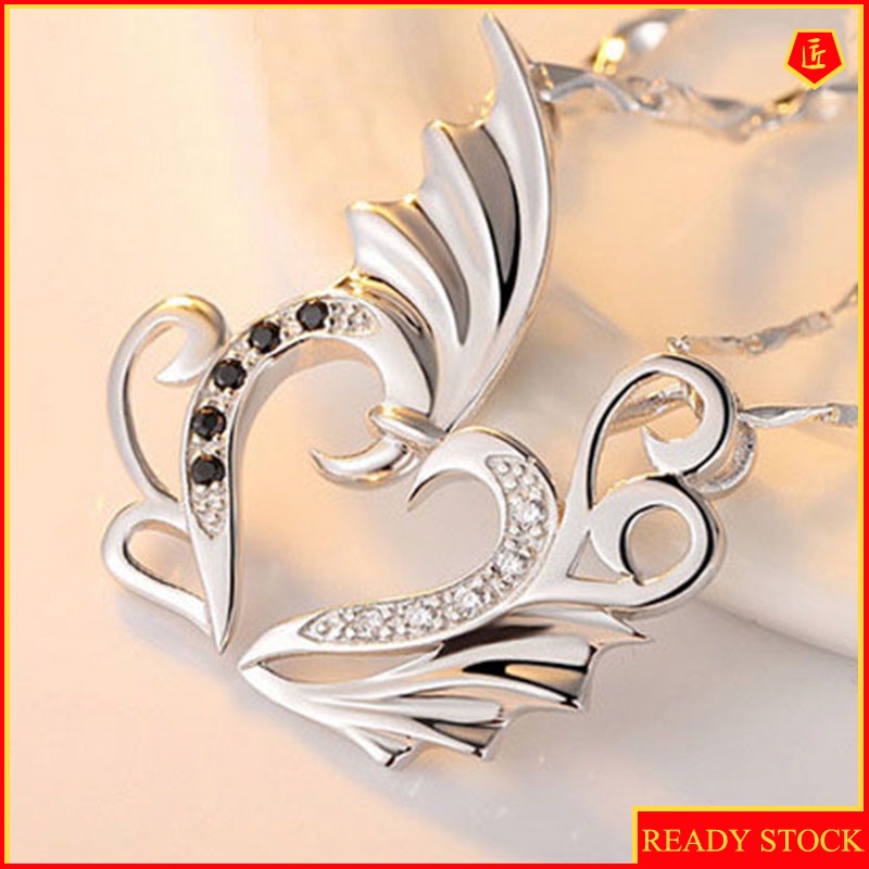 [Ready Stock]925 Silver Angel Love Heart-Shaped Couple Necklace Elegant Fashion