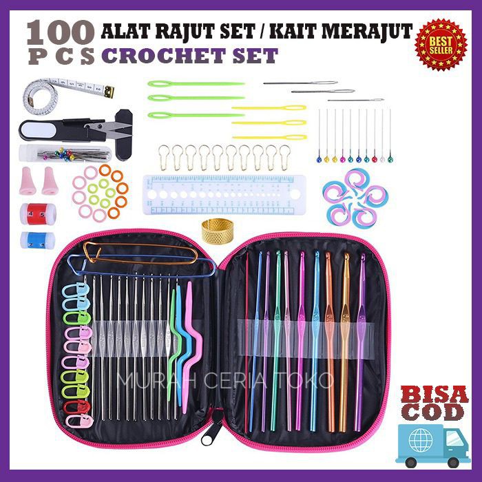 100 pcs/ Set Alat Rajut Set Jahit Jarum Rajut Bonus Tas Kulit Cantik Premium / Hakpen Set / Jahit