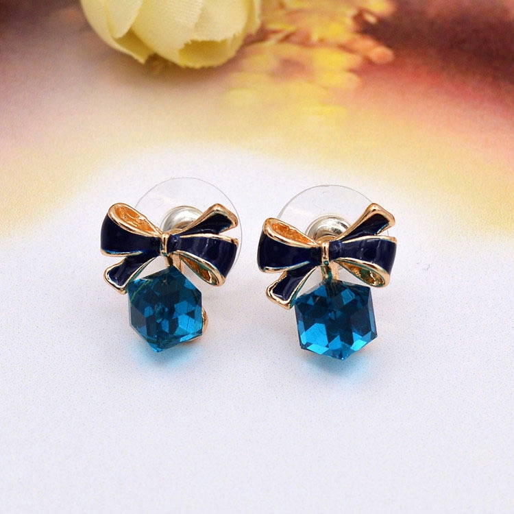 Anting Busur Biru Kristal Sintetis Aksesoris Korea Wanita