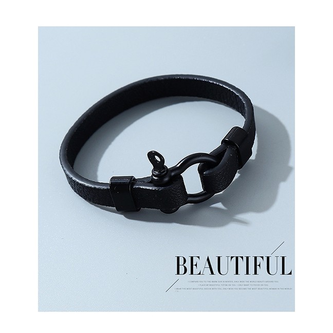 LRC Gelang Tangan Fashion Black Lock Alloy Leather Mens Bracelet Y64878