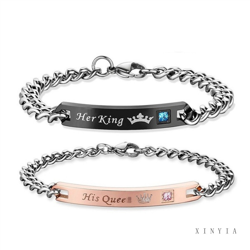 HERS Gelang Pasangan Bahan Stainless Steel Tulisan His Queen Her King Untuk Pria / Wanita