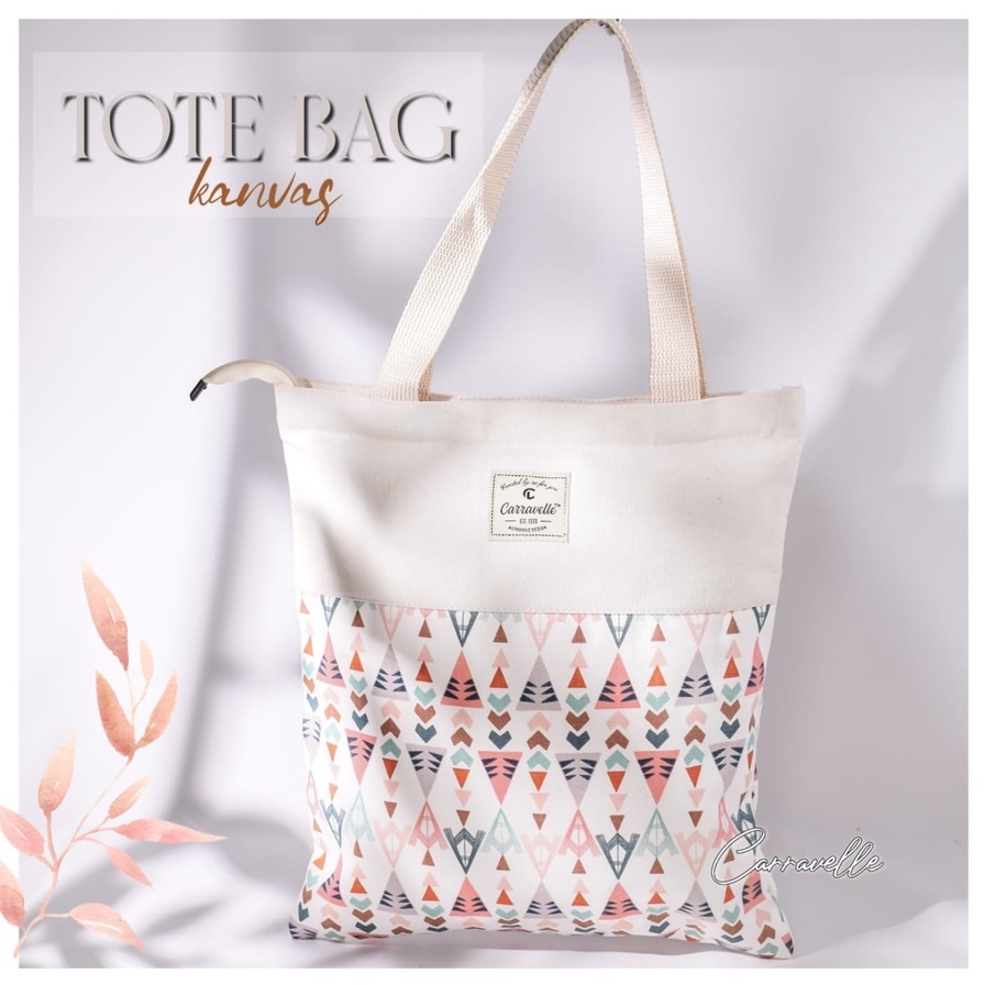 Tas Tote Bag Resleting Kuliah Wanita bahan kanvas Polos dan motif bisa custom sablon untuk seminar