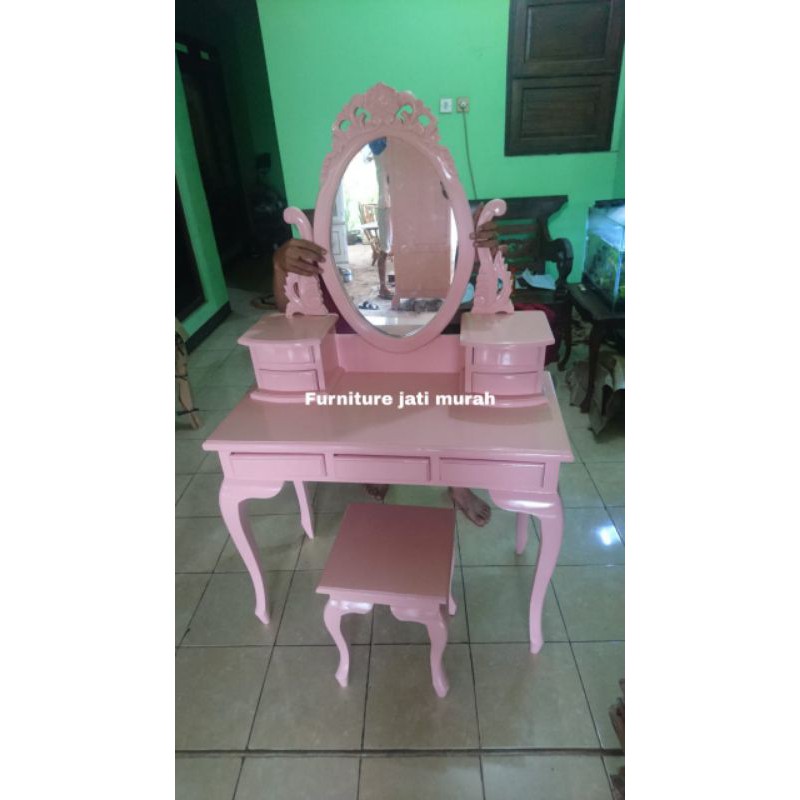 Meja rias kartini jati cat duco warna pink | Meja rias shabby murah