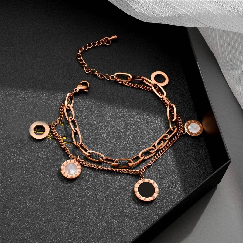 Gelang Titanium Premium 2 Layer Korea Vintage Style Warna Rosegold