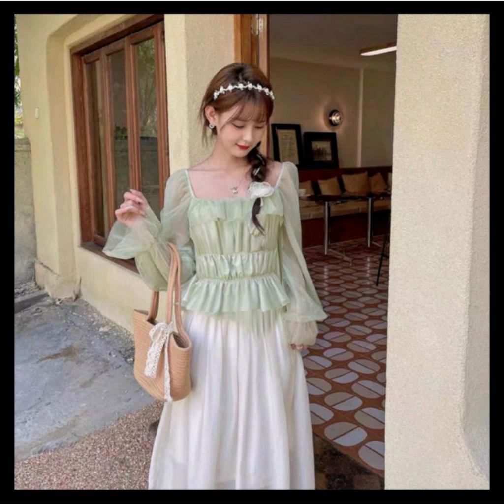 Blouse atasan wanita angan panjang tulle Paris model korea 956