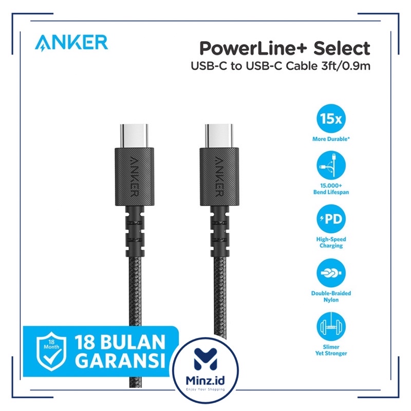 Kabel Charger Anker PowerLine Select+ Usb Type C to Type C 3ft A8032 | Kabel Cas Fast Charging PD QC