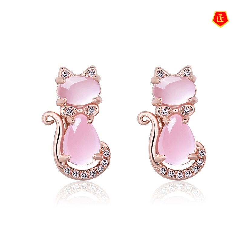 [Ready Stock]Fashion Pink Crystal Ross Quartz Cat Stud Earrings for Women