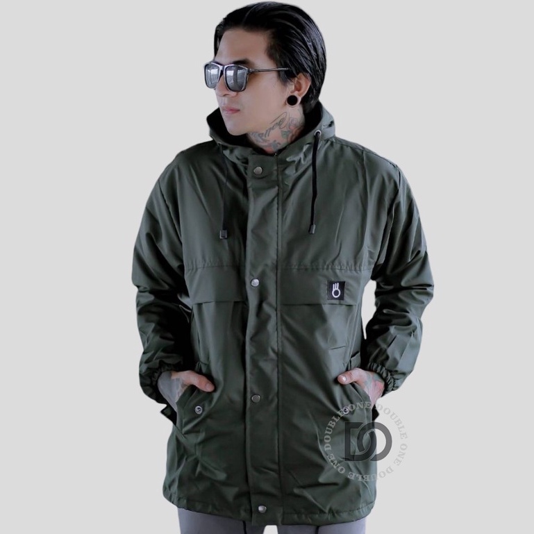 DOUBLE ONE - Jaket Hoodie Pria Outdoor Taslan Original The Bojiel / Jaket Parka Parasut / Jaket Hoodie Waterproof Hijau