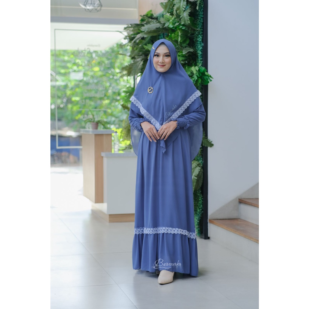 Gamis CERUTY renda putih SET KHIMAR LAYKA ori bermerks syari haji umroh branded modis modern