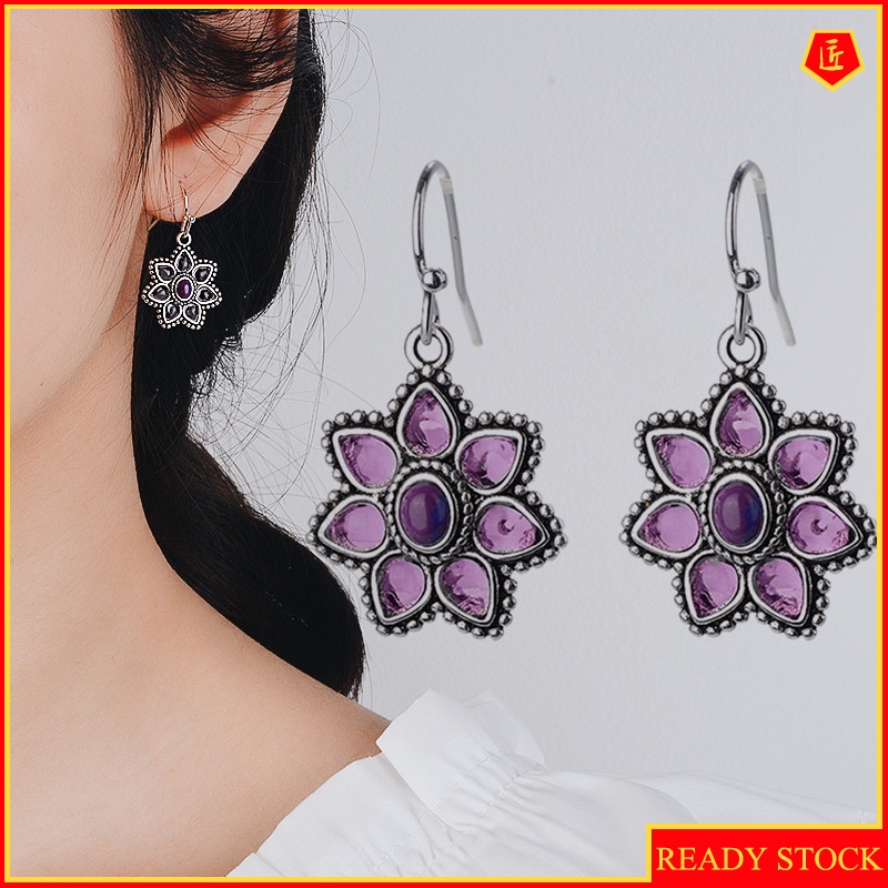 [Ready Stock]Retro Peach Blossom Purple Turquoise Earrings Women